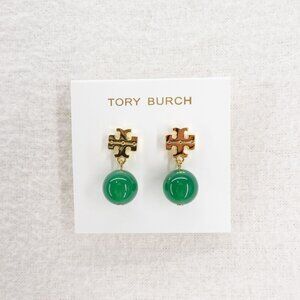 Tory Burch Faux Pearl Logo Drop Earrings Gold & Green OS